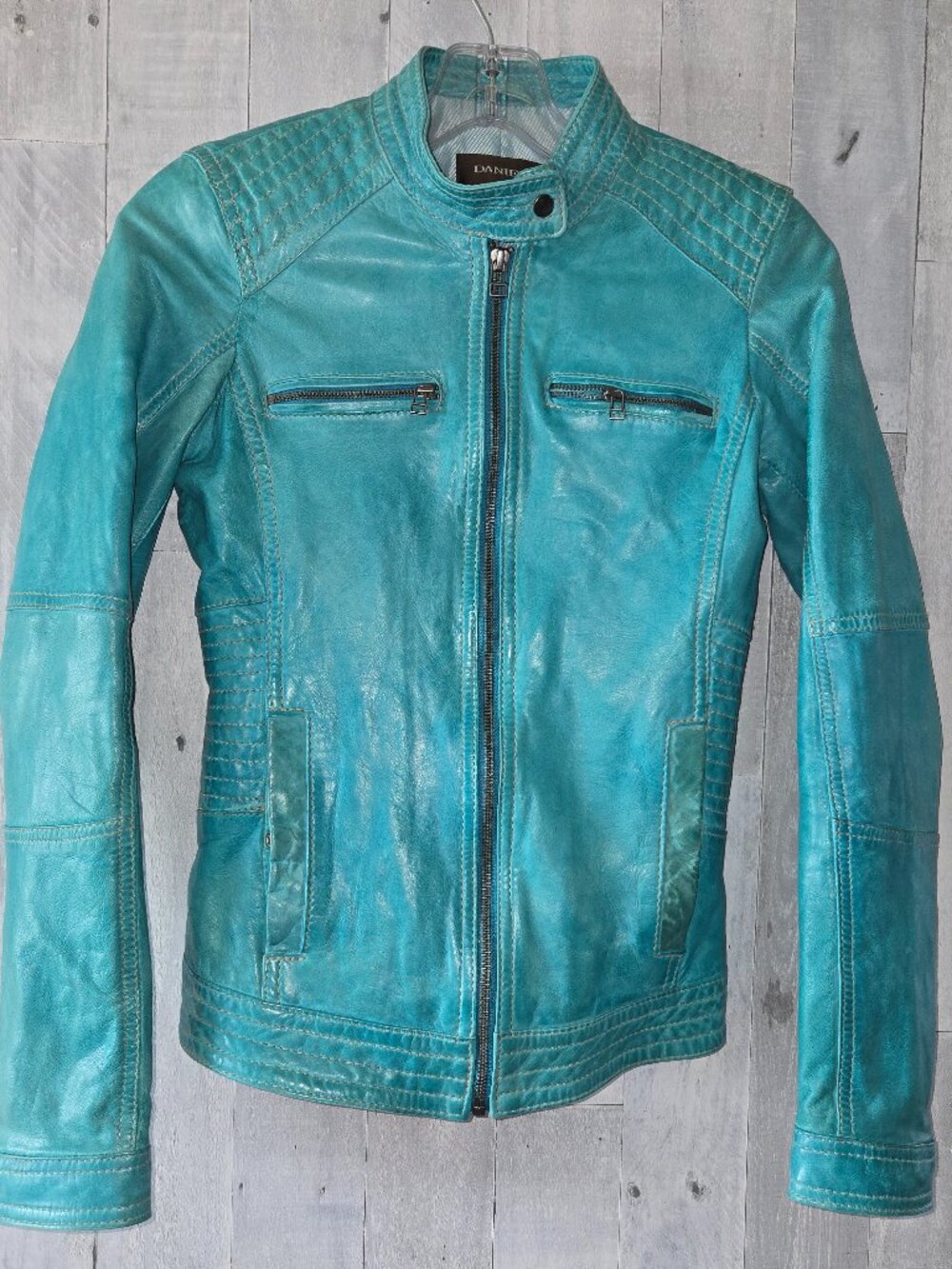 Danier Vintage Turquoise Leather Moto Bomber Jacket Y2K Retro XXS Size 3 - Picture 1 of 10